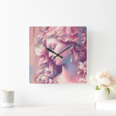 Woman Flowers Pink Blue Hard Pastel Drawing スクエア壁時計 (ホーム)
