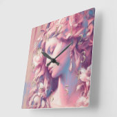 Woman Flowers Pink Blue Hard Pastel Drawing スクエア壁時計 (傾斜)
