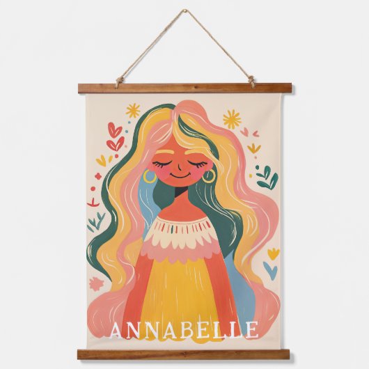 Woman Girl Boho Floral Illustration First Name 吊り下げ型タペストリー (正面)