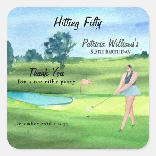 Woman Golf Player Hitting Fifty 50th Birthday スクエアシール (正面)