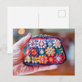 Woman Holding a Crocheted Coin Purse Made From Gra ポストカード (正面/裏面)