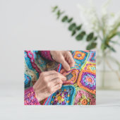 Woman Holding a Crocheted Coin Purse Made From Gra ポストカード (スタンド正面)