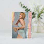 Woman in 1957 on the beach mixed media collage ポストカード (スタンド正面)