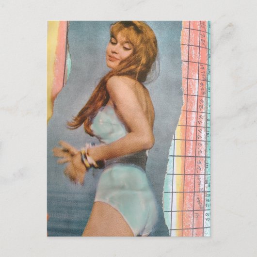 Woman in 1957 on the beach mixed media collage ポストカード (正面)