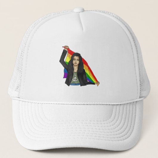 Woman in a Peace T-shirt With a Rainbow Flag LGBTQ キャップ (正面)