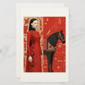 Woman in a red flowered dress & black horse 便箋 (正面/裏面)