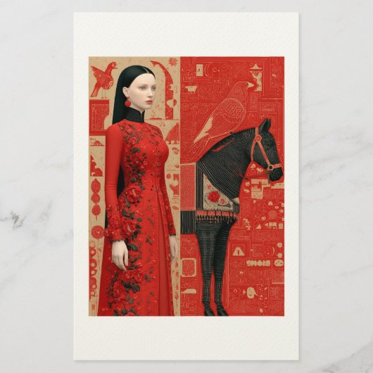 Woman in a red flowered dress & black horse 便箋 (正面)