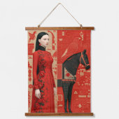 Woman in a red flowered dress & black horse 吊り下げ型タペストリー (正面)