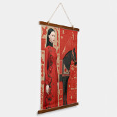 Woman in a red flowered dress & black horse 吊り下げ型タペストリー (傾斜あり)