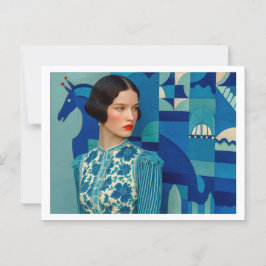 Woman in blue floral dress, painting of blue horse ポストカード