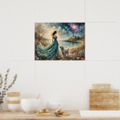 Woman in blue gown on beach with dog, lighthouse. ポスター (キッチン)
