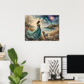 Woman in blue gown on beach with dog, lighthouse. ポスター (ホームオフィス)