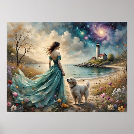 Woman in blue gown on beach with dog, lighthouse. ポスター (正面)