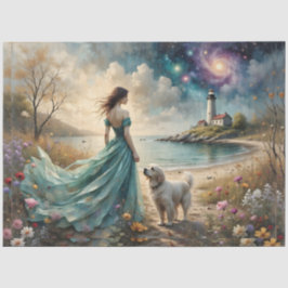 Woman in blue gown on beach with dog, lighthouse. 薄葉紙
