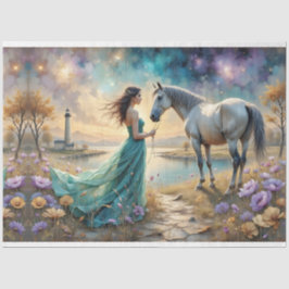 Woman in blue gown on beach with horse,lighthouse. 薄葉紙
