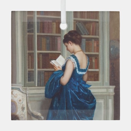 Woman in Blue, reading a Book ガラスオーナメント (正面)