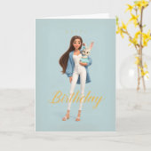 Woman in Blue & White w/ Cute Bunny Bday カード (黄色い花)