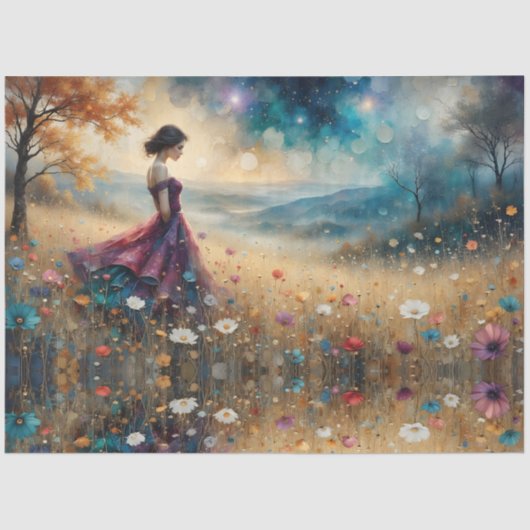 Woman in colorful gown on hill of flowers 薄葉紙 (正面)
