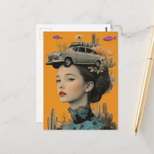 Woman in Desert with fish and car Surreal collage ポストカード (正面/裏面インサイチュ)