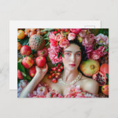 Woman in floral dress with fruit display ポストカード (正面/裏面)