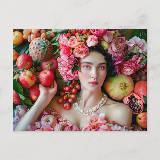 Woman in floral dress with fruit display ポストカード (正面)