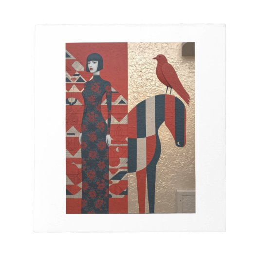 Woman in flowered dress, checkered horse & redbird ノートパッド (正面)