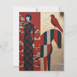 Woman in flowered dress, checkered horse & redbird ポストカード