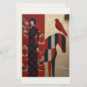 Woman in flowered dress, checkered horse & redbird 便箋 (正面/裏面)