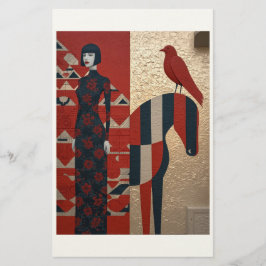 Woman in flowered dress, checkered horse & redbird 便箋
