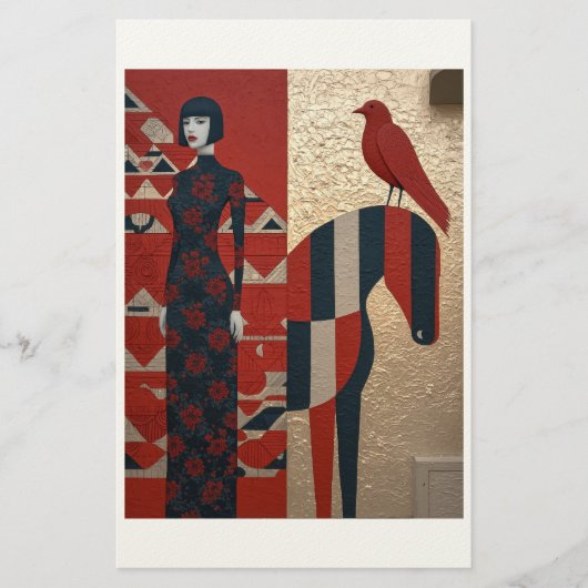 Woman in flowered dress, checkered horse & redbird 便箋 (正面)