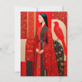 Woman in flowered red floral dress & a red bird (正面)