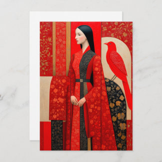 Woman in flowered red floral dress & a red bird