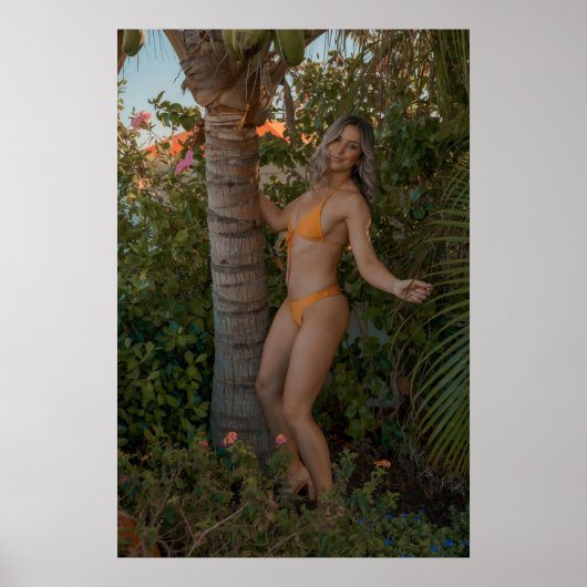 Woman In Orange Bikini By Tropical Palm Tree ポスター (正面)