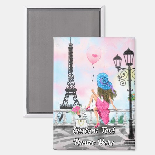 Woman In Partis Eiffel Tower Magnet Custom Text マグネット (正面/裏面)