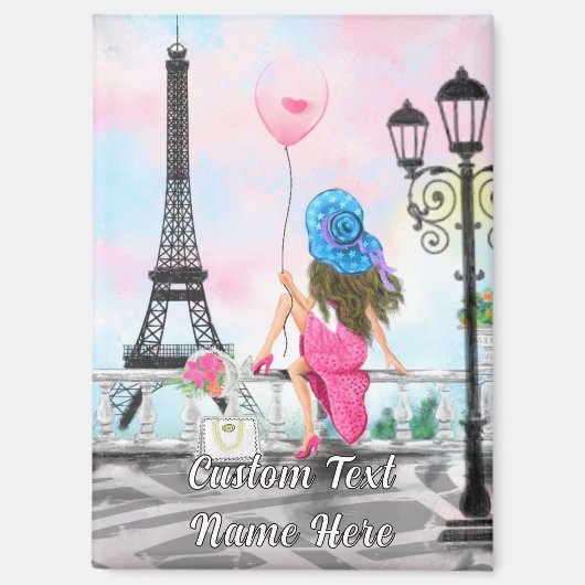 Woman In Partis Eiffel Tower Magnet Custom Text マグネット (正面)