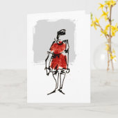 Woman in Red Dress Happy Birthday Card カード (黄色い花)