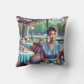 Woman in restaurant Throw Pillow クッション (裏面)
