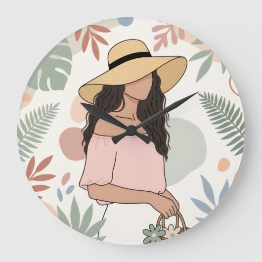Woman in Straw Hat with Flowers ラージ壁時計 (正面)