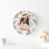 Woman in Straw Hat with Flowers ラージ壁時計 (ホーム)