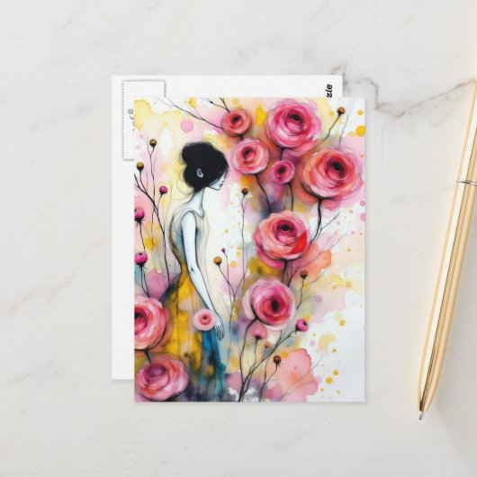 Woman In the Secrect Garden Pink Flowers ポストカード (正面/裏面インサイチュ)