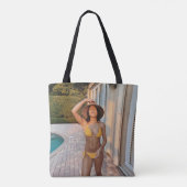 Woman in yellow bikini standing on brown brick flo トートバッグ (裏面)