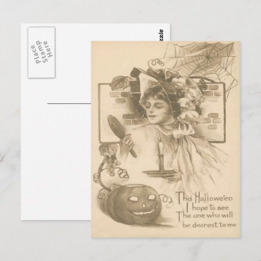 Woman Jack O' Lantern Candle Spider Web ポストカード (正面/裏面)
