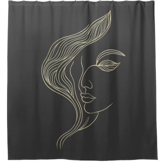 Woman Leaf Elegant Line Art Profile シャワーカーテン (正面)