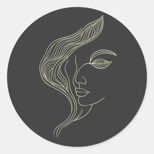 Woman Leaf Elegant Line Art Profile ラウンドシール (正面)