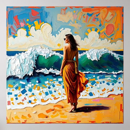 Woman on Beach Abstract Seaside Art  ポスター (正面)