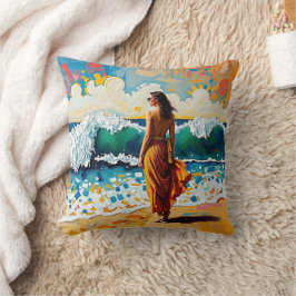 Woman on Beach Abstract Seaside Art Personalized クッション