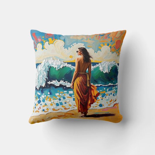 Woman on Beach Abstract Seaside Art Personalized クッション (裏面)
