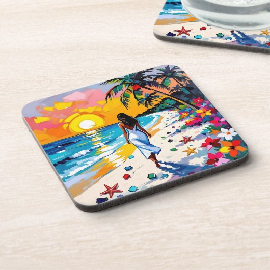 Woman on Beach Tropical Scene コースター (左側)