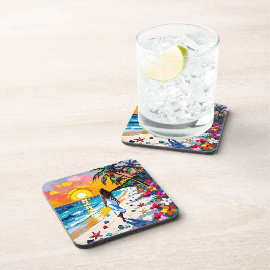 Woman on Beach Tropical Scene コースター (右側)