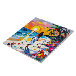Woman on Beach Tropical Scene タイル